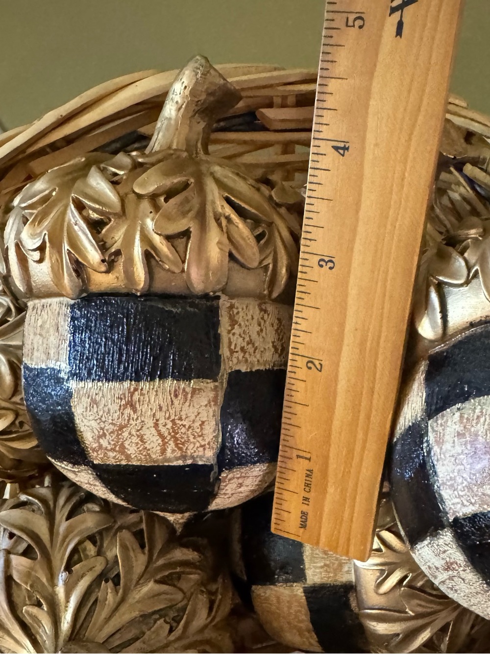 Hand-Painted Checkered Acorn Ornament - Gold & Black set of 3 - Picture 3 of 5